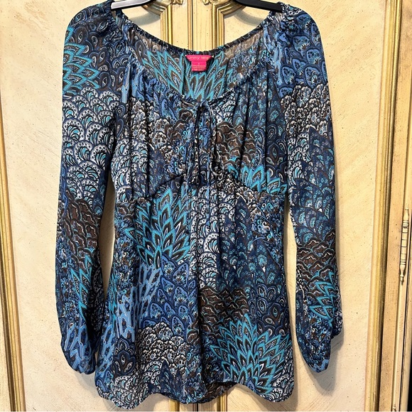 Sunny Leigh M Blue multi Boho Floral Peacock sheer Tie Front Blouse - Picture 1 of 3